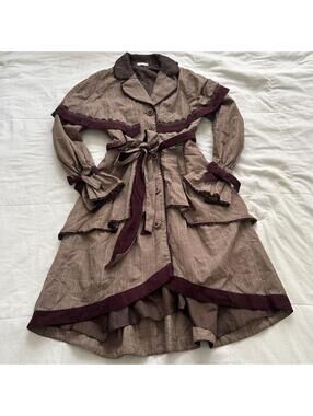 Axes Femme Poetique Brown Plaid Coat Lace Ribbon Bows Belted Size M Japan